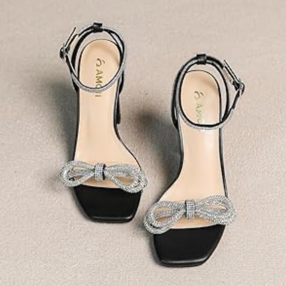 BAMBOO Black Patent Slingback Heels with Crystal Bow